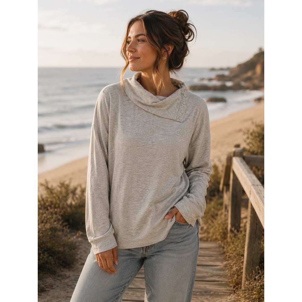 Soft Surroundings Gray Heathered Cowl Neck Button Detail Top 1X 5EV36